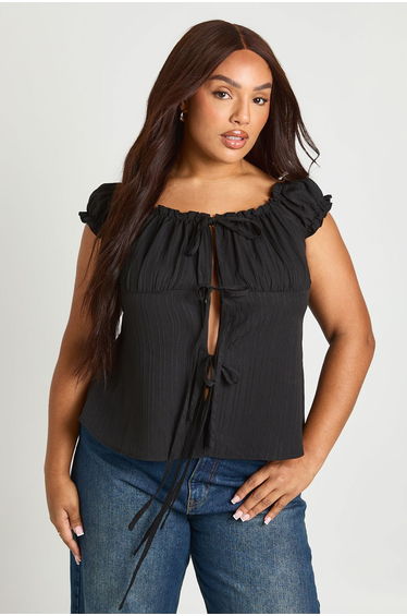 Plus Puff Sleeve Tie Front Top - black