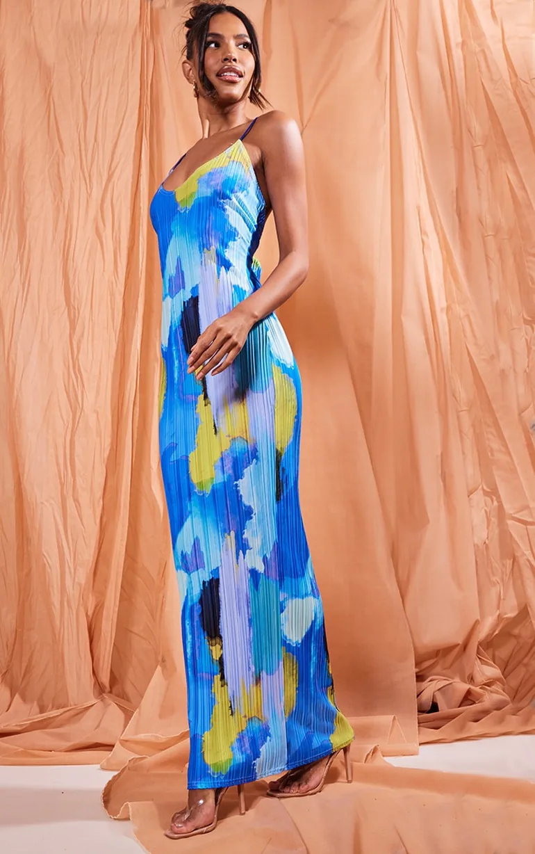 Blue Abstract Print Plisse Low Back Strappy Maxi Dress - 2
