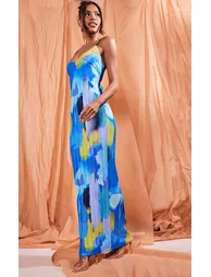Blue Abstract Print Plisse Low Back Strappy Maxi Dress - 2