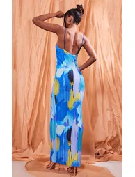 Blue Abstract Print Plisse Low Back Strappy Maxi Dress