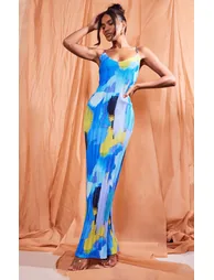 Blue Abstract Print Plisse Low Back Strappy Maxi Dress - 1