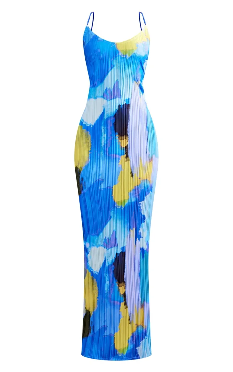 Blue Abstract Print Plisse Low Back Strappy Maxi Dress - 4