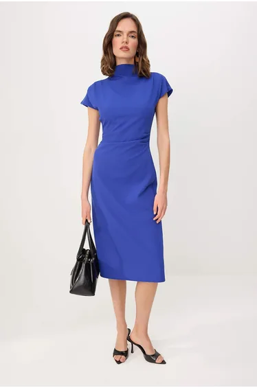 Saks Straight A-Line Shirred / Draped Midi Woven Dress