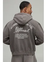 Washed Taupe Oversized Boxy Motor Print Zip Through Hoodie - taupe - 1