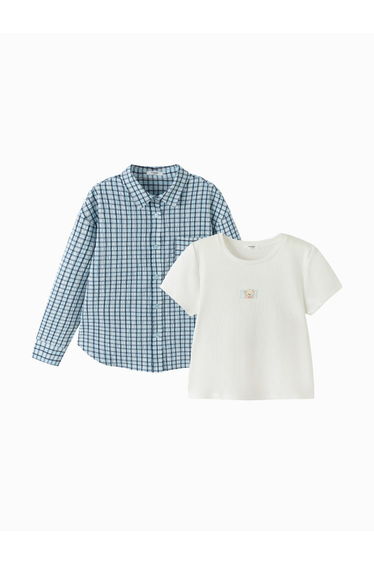 Girls' Checked Shirt And Short Sleeve T-Shirt Set