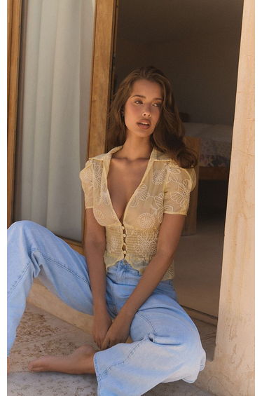 Pale Yellow Floral Embroidered Short Sleeve Puff Top