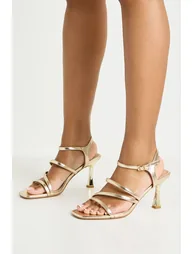 Wide Fit Low Stiletto Strappy Heels - gold