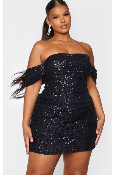 Plus Black Sequin Bardot Bodycon Dress