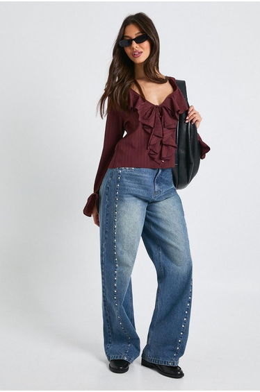 Crinkle Textured Tie Front Blouse - chocolate