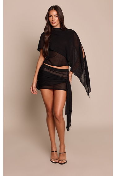 Black Fine Knit Double Layer Drape Mini Skirt