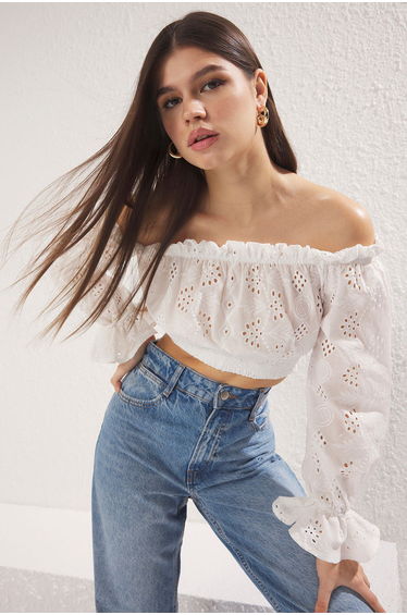 White Cotton Embroidered Off Shoulder Crop Woven Blouse