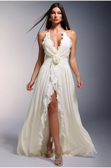 Ivy High Slit Deep-V Halter Flowers Maxi Dress