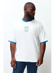 Plus Size Ecru Oversize Comfy 100% Cotton Embroidered Color Block Couple T-Shirt