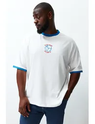 Plus Size Ecru Oversize Comfy 100% Cotton Embroidered Color Block Couple T-Shirt - 1