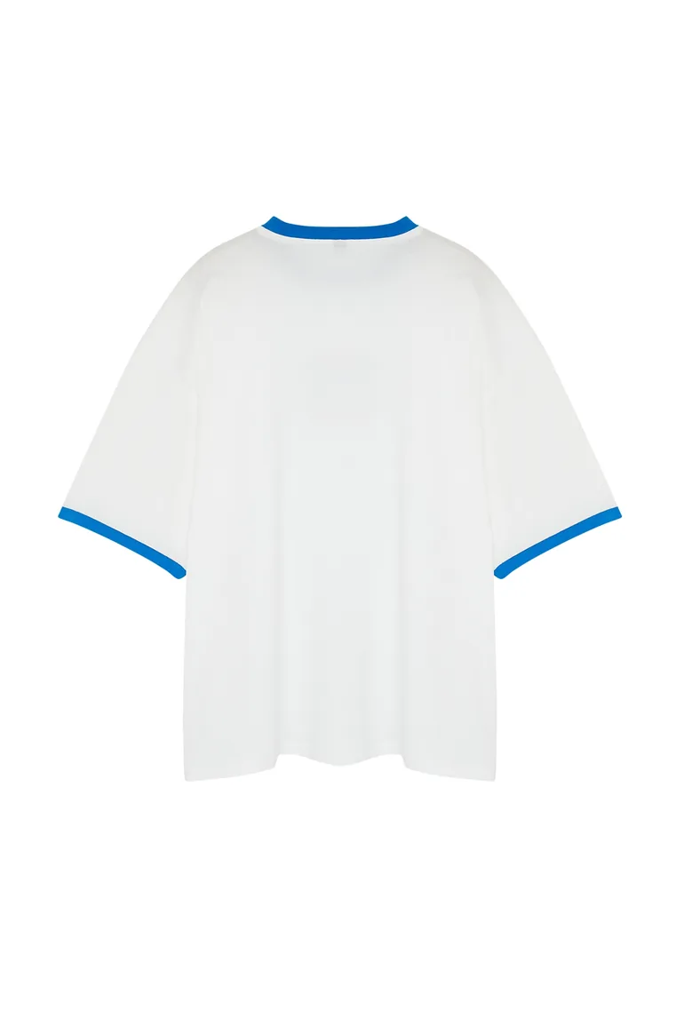 Plus Size Ecru Oversize Comfy 100% Cotton Embroidered Color Block Couple T-Shirt - 7