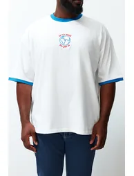Plus Size Ecru Oversize Comfy 100% Cotton Embroidered Color Block Couple T-Shirt - 4