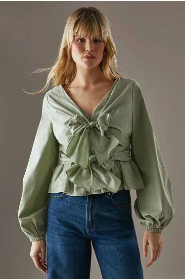 Poplin Tie Front Balloon Sleeve Blouse