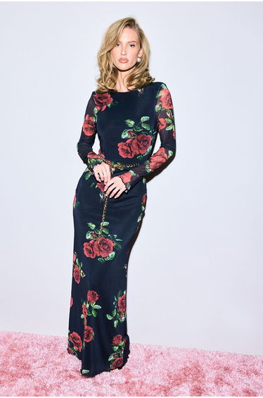 Rose Print Mesh Maxi Skirt - black