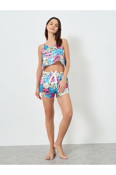 Cat Print V Neck Cami Top and Shorts Pajama Set