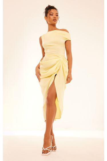 Lemon Satin Off The Shoulder Draped Skirt Dress