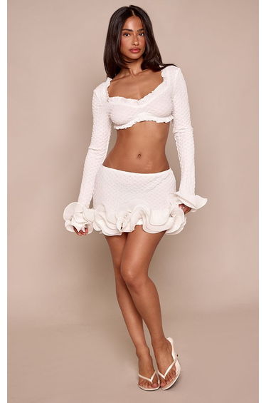 Petite White Textured Frill Hem Mini Skirt Co-ord