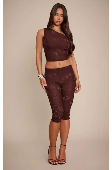 Brown Mesh Hotfix Capri Trouser