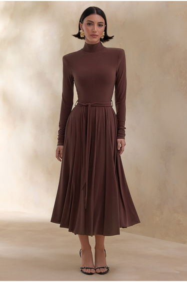 Opalia | Brown High-Neck Belted Midi Dress