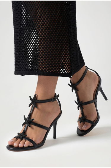 Embellished Triple Starfish Trim Strappy Heels - black