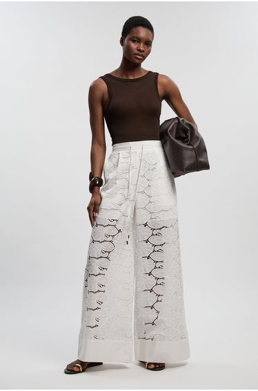 Cotton Cutwork Panelled Woven Wide Leg Trouser