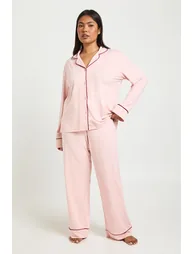 Plus Jersey Piping Detail Long Sleeve & Trouser Pyjama Set - baby pink