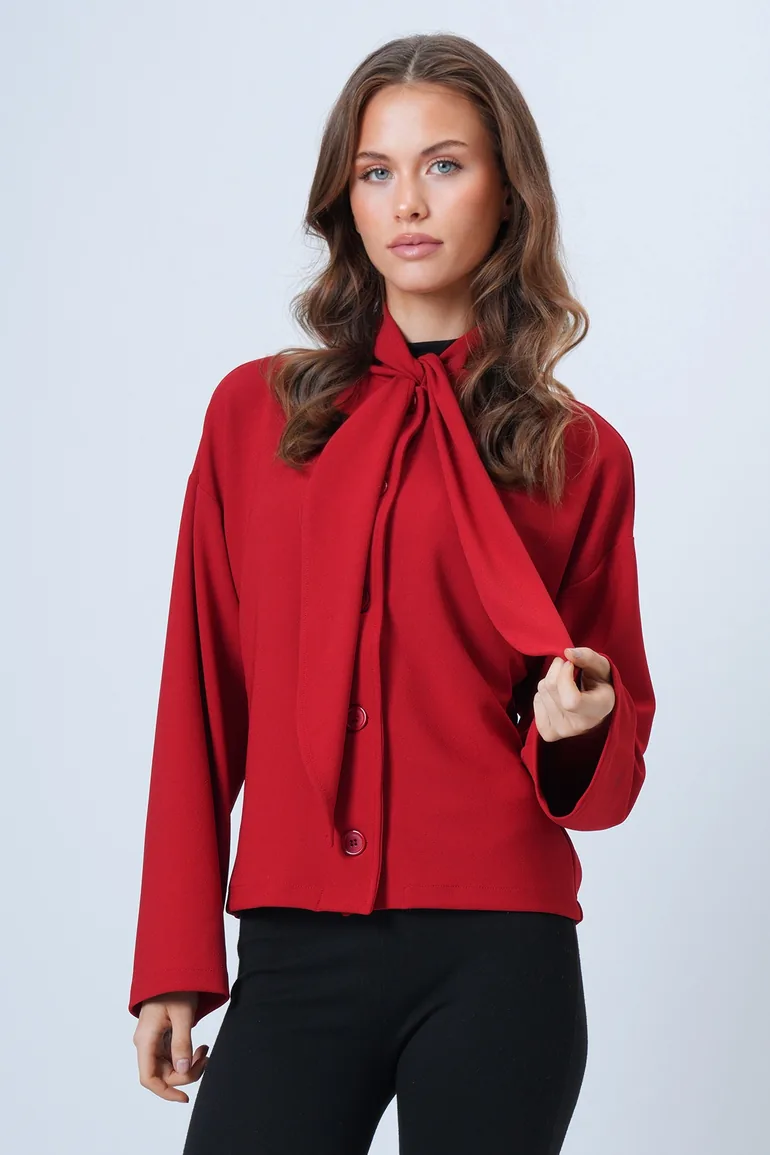 Women's Red Scarf Detailed Buttoned Jacket - 4