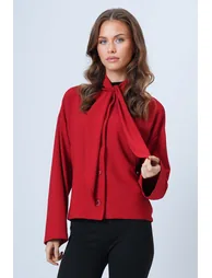 Women's Red Scarf Detailed Buttoned Jacket - 4