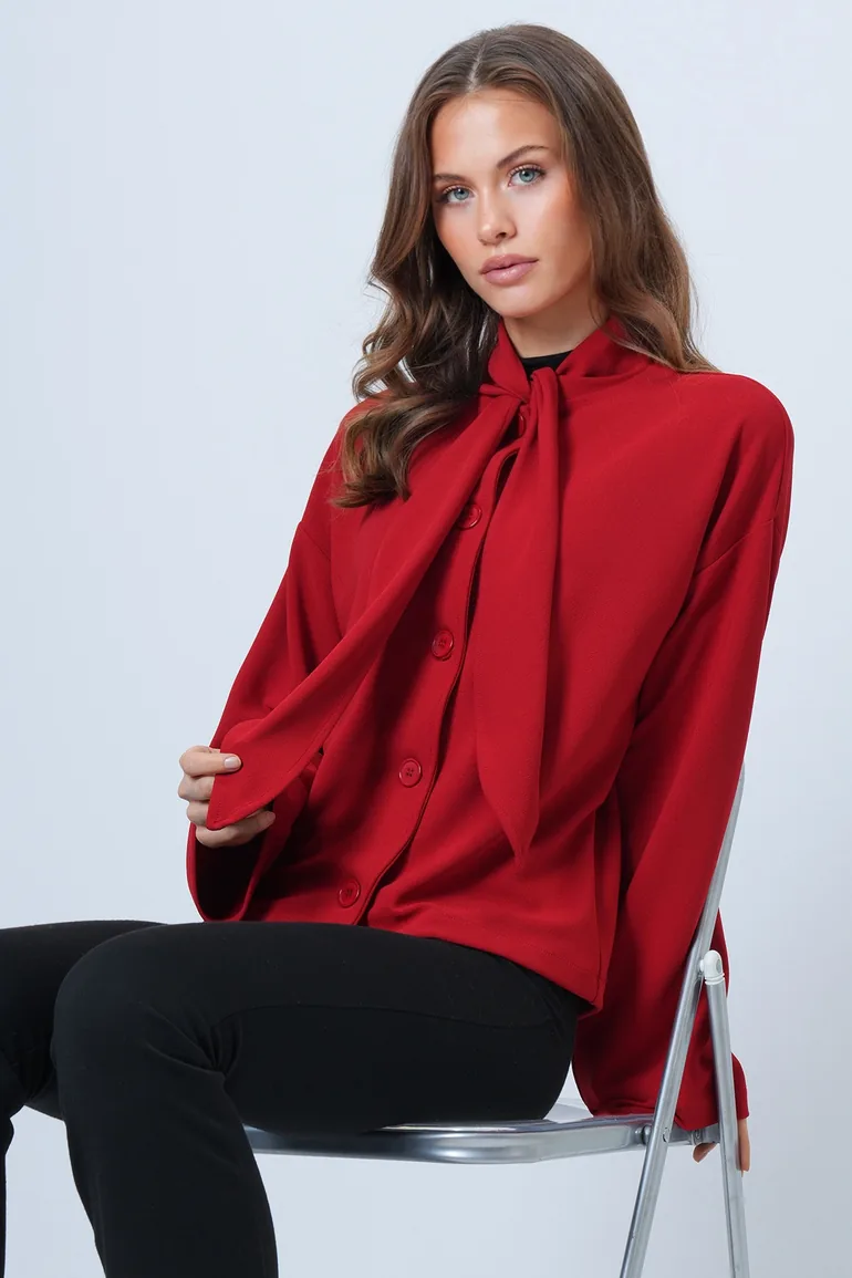 Women's Red Scarf Detailed Buttoned Jacket - 2