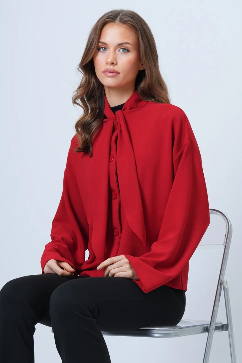 Women's Red Scarf Detailed Buttoned Jacket - 3