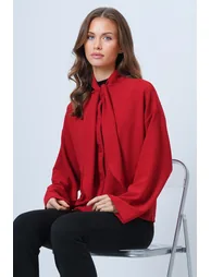 Women's Red Scarf Detailed Buttoned Jacket - 3