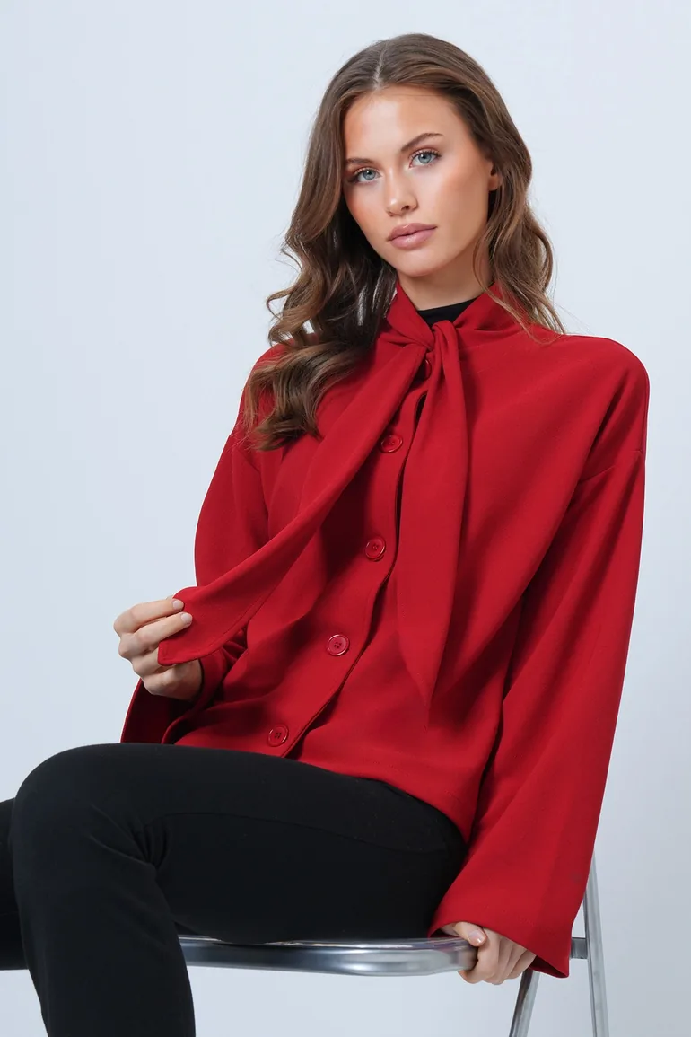 Women's Red Scarf Detailed Buttoned Jacket