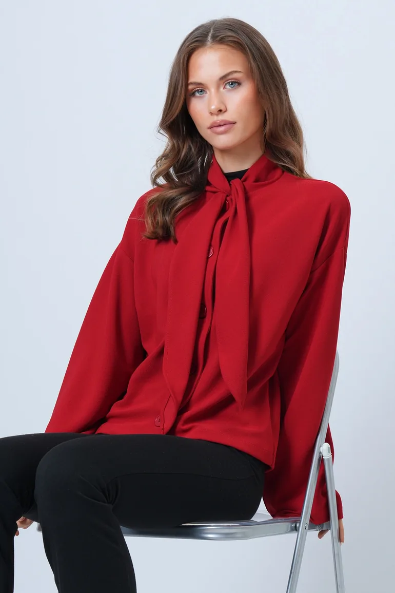 Women's Red Scarf Detailed Buttoned Jacket - 1
