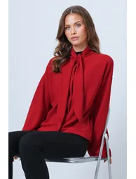Women's Red Scarf Detailed Buttoned Jacket - 1