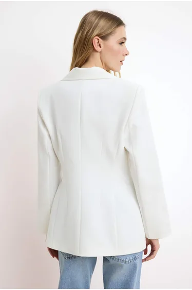White Fitted Accessory Buttoned Collar Detailed Lined Padded Blazer Jacket