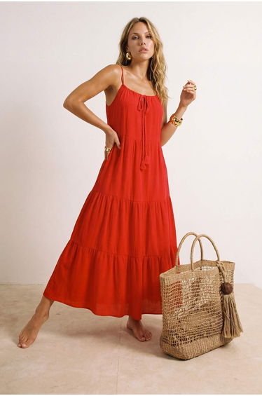 Pomegranate Flower Woven Maxi Slit Detailed Beach Dress