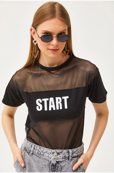 Women's Black Tulle Garnished Embroidered T-Shirt
