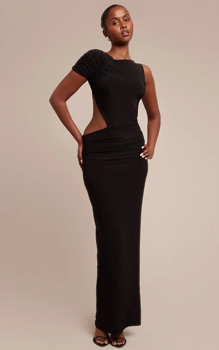 black slinky formal dress boohoo Women's Slinky Ruched Wrap Maxi Dress