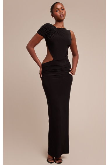 Black Slinky One Sleeve Ruched Maxi Dress