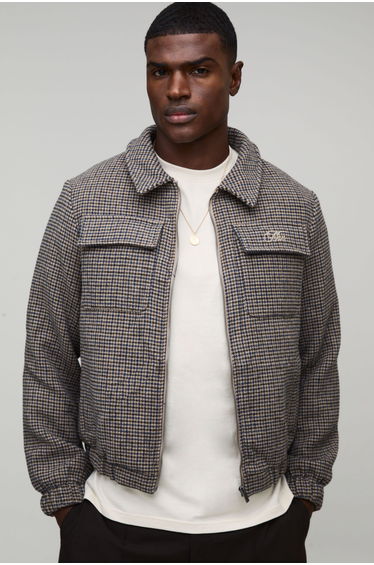 Regular Fit Micro Check Pocket Harrington Jacket - brown