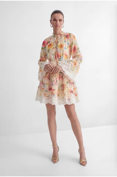 Soft Embrace Multi Floral Print Lace Trim Mini Dress