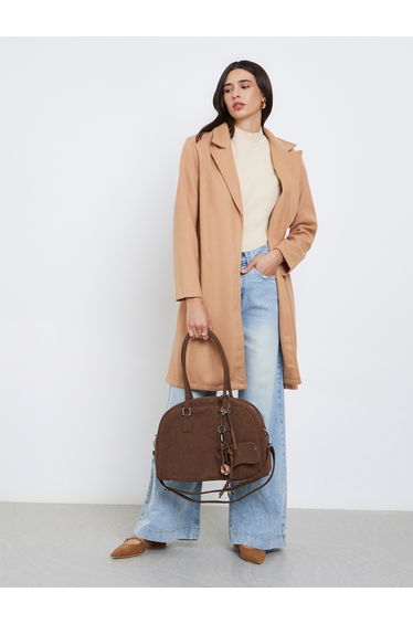Beige Regular Fit Wool Like Belted Coat