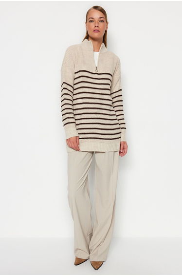 Stone Striped Zipper Detailed Knitwear Sweater
