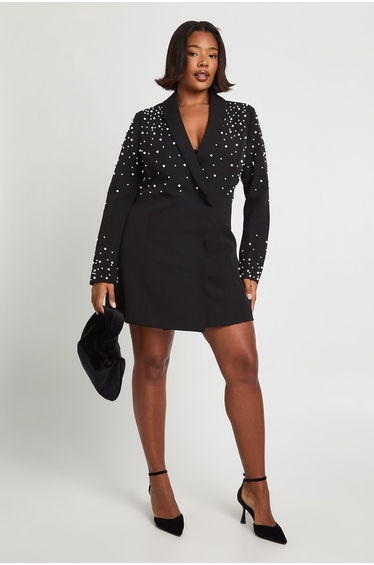 Plus Pearl Embellished Blazer Dress - black