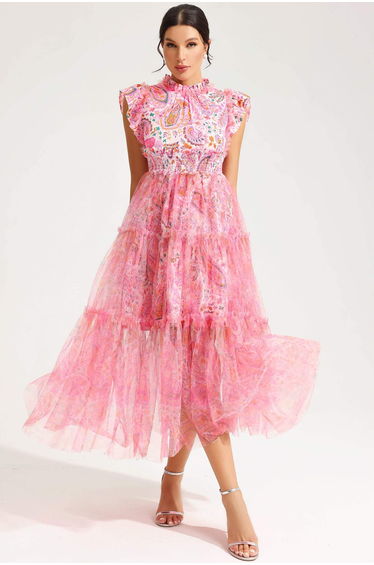 Olympe Floral Flatter Sleeve Dress Pink