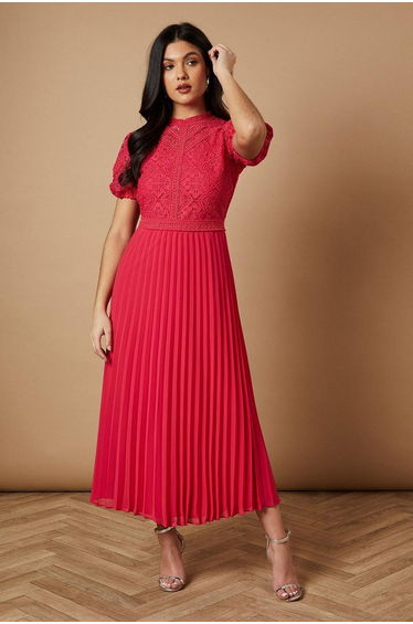 Lace Puff Sleeve Pleated Midi Dress